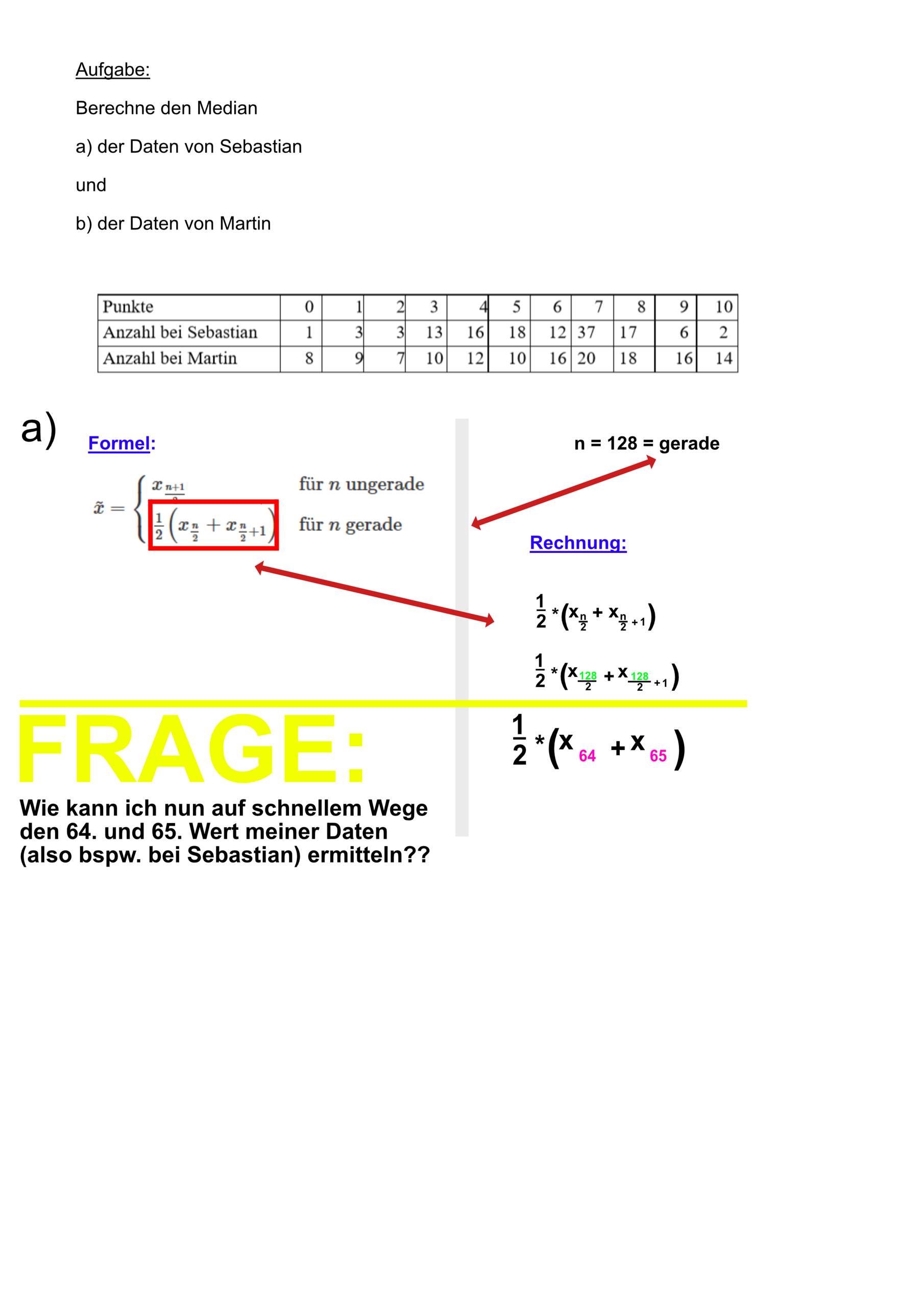 siehe Bild; Wie man den Median? (Psychologie, Mathematik, Statistik)