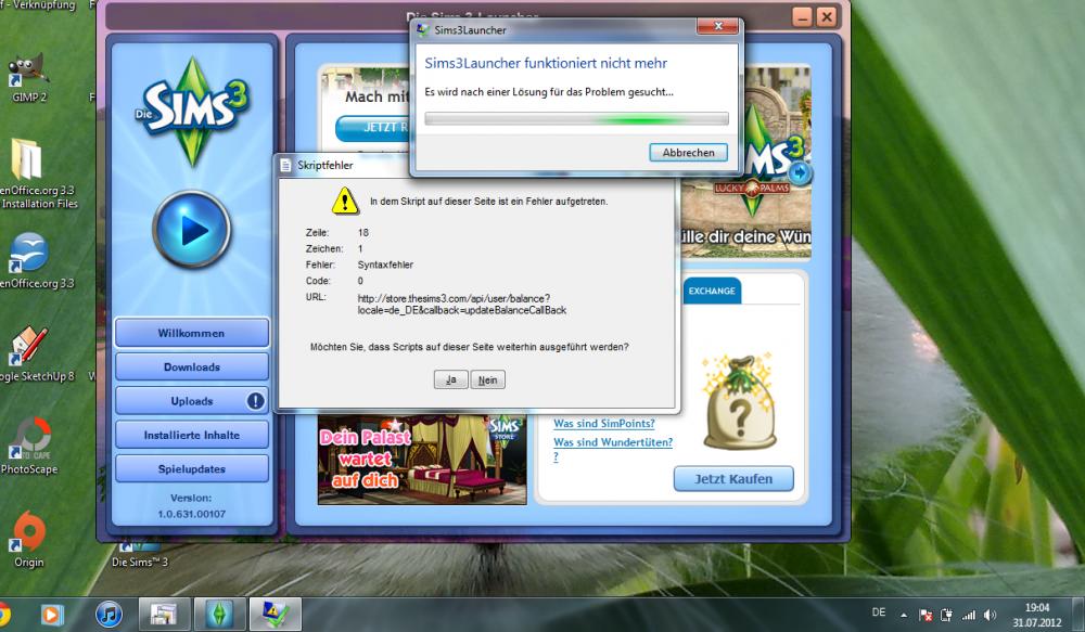 Sims 3 Launcher geht nicht mehr. Fehlermeldung