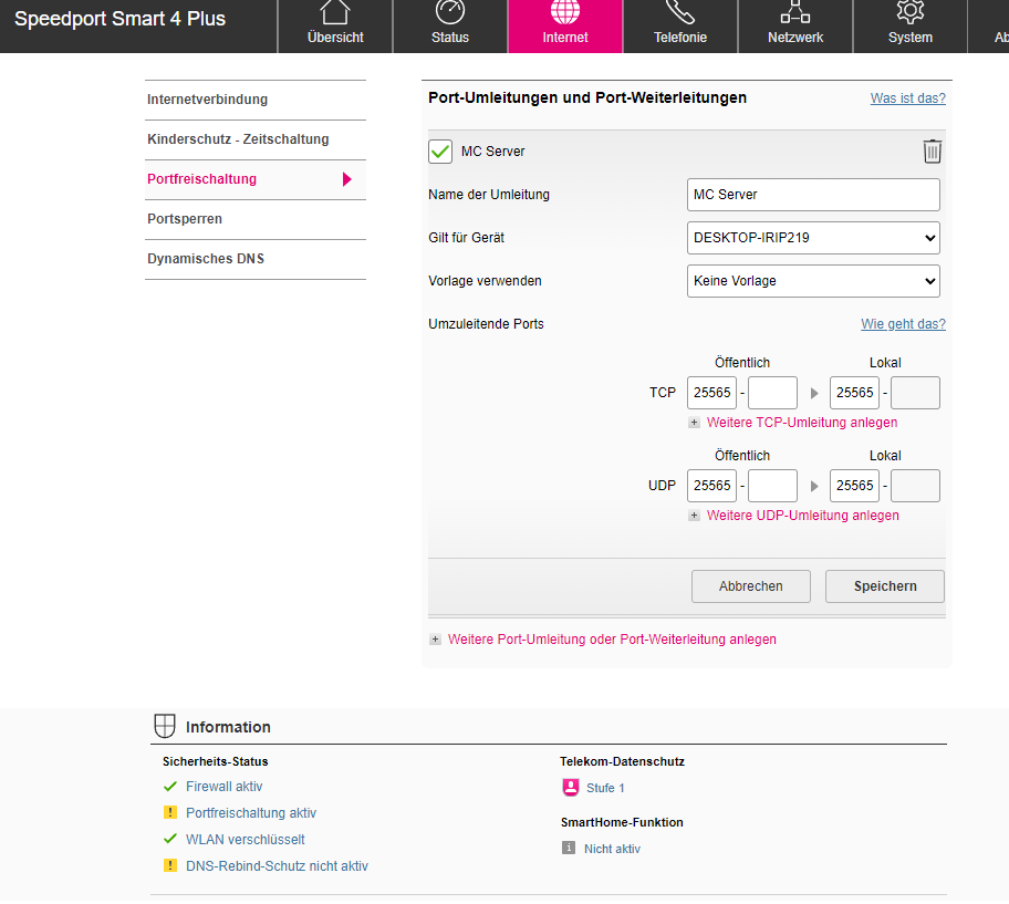 Speedport Smart 4 Plus Ports freigeben? Server, Netzwerk)