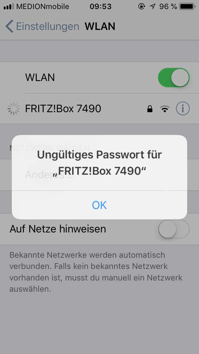 Standig Wird Ungultiges Passwort Angezeigt Wlan Iphone 6s Fritzbox 7490