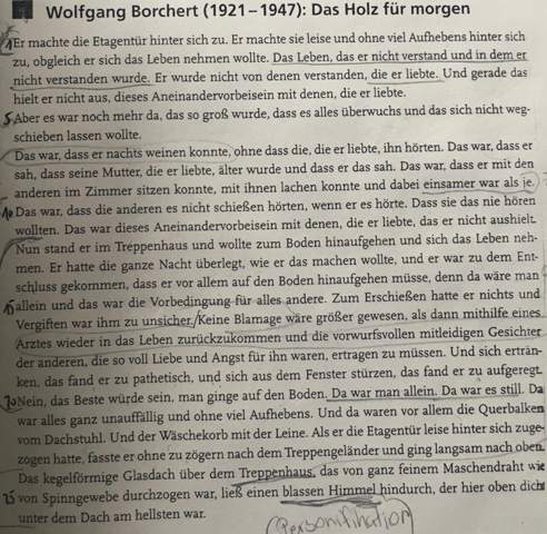 Stell Dir Vor Der Protagonist Vertraut Sich Am Nachsten Seiner Mutter An Und Schildert Ihr Seine Verzweiflung Zu Zu Der Kurzgeschichte Das Holz Fur Morge Literatur