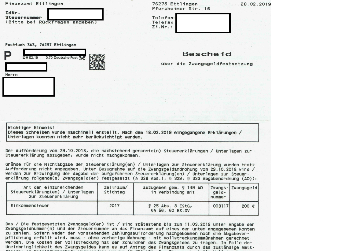 Steuer Bescheid über Zwangsgeldfestsetzung Steuererklärung Nachzahlung Jahr 2017 