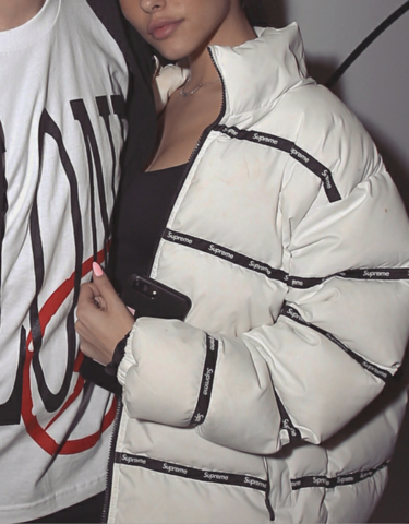 supreme logo tape puffy jacket