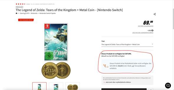The Legend of Zelda: Tears of the Kingdom + Metal Coin bei MediaMarkt trotz Vorbestellung nicht mehr verfügbar?