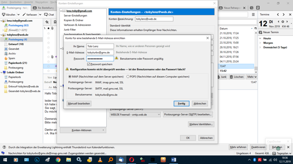 Thunderbird Konto Hinzufug Konfiguration Konnte Nicht Uberpruft Werden Benutzername Oder Pw Falsch S Bild Computer Pc Technik