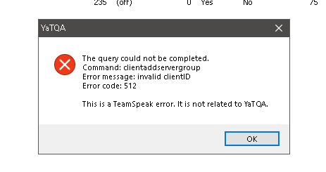 ts3 server query per yatqa error 512?