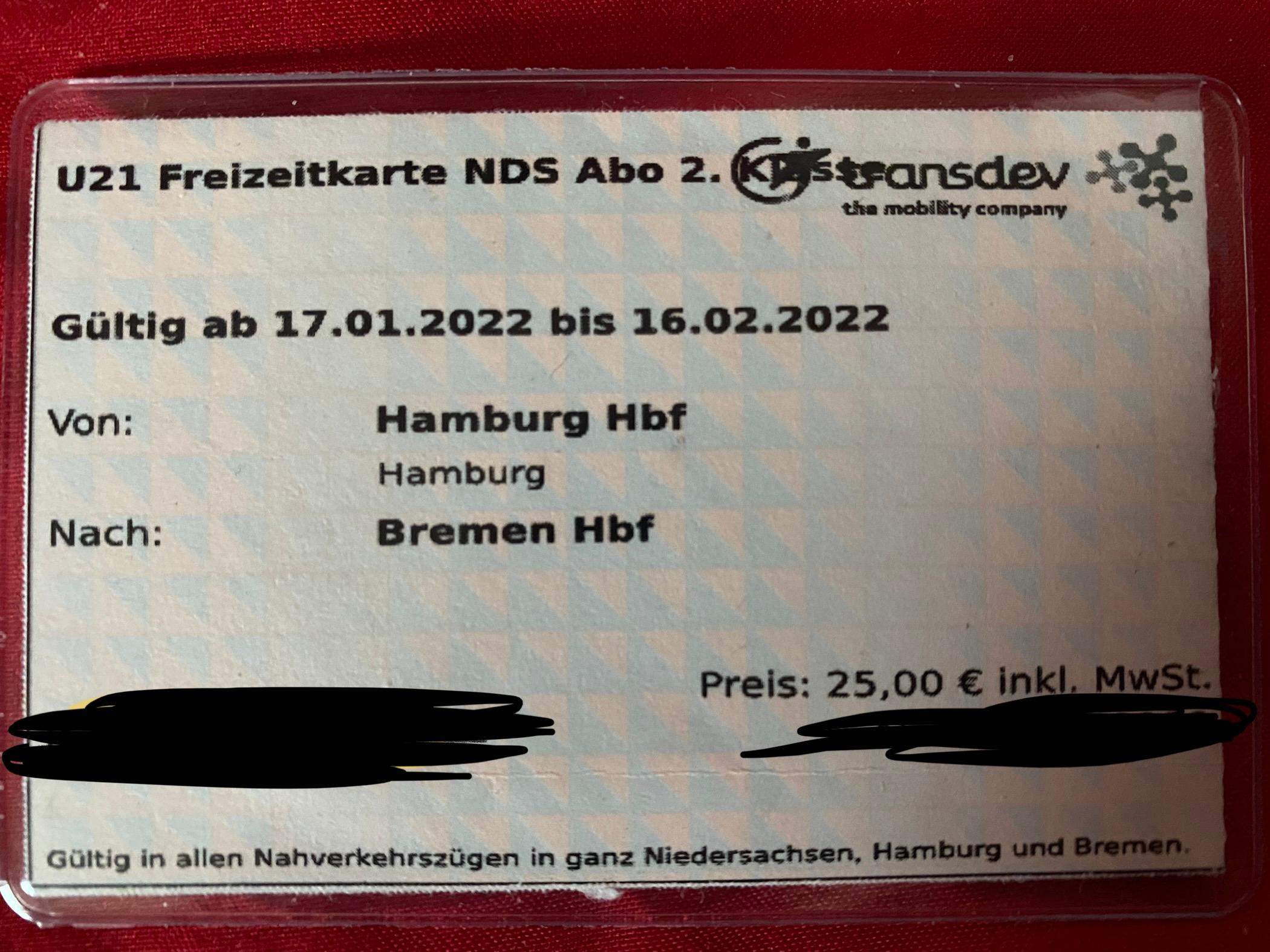 U21 Freizeitkarte Niedersachsen? (Bahn)