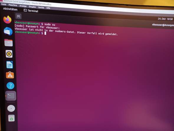 Ubuntu Terminal vboxuser nicht in der sudoers Datein was tun?