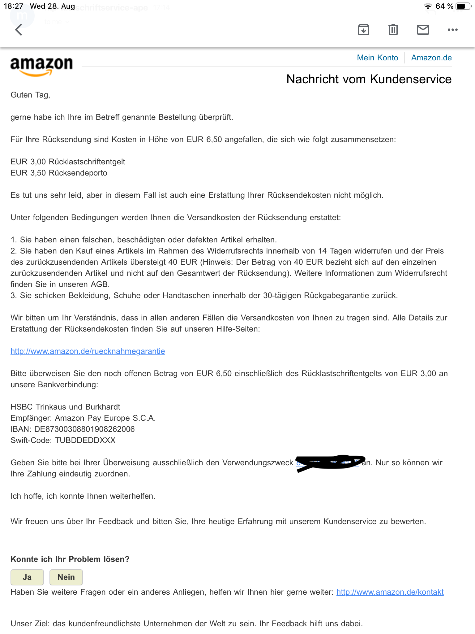 Überweisung an Amazon doch nicht angekommen?