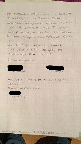 Handschriftlicher Vertag - (Kaufvertrag, unfallfrei, Unfallfahrzeug)