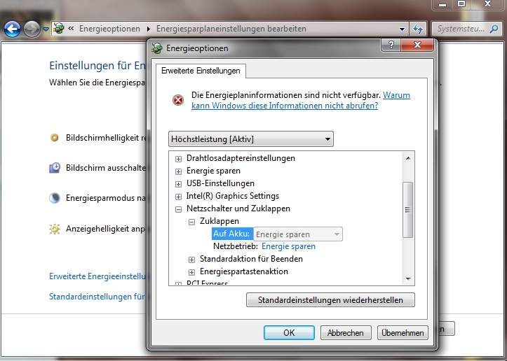 Verhalten beim Zuklappen des Laptops nicht änderbar (Windows, Windows 7