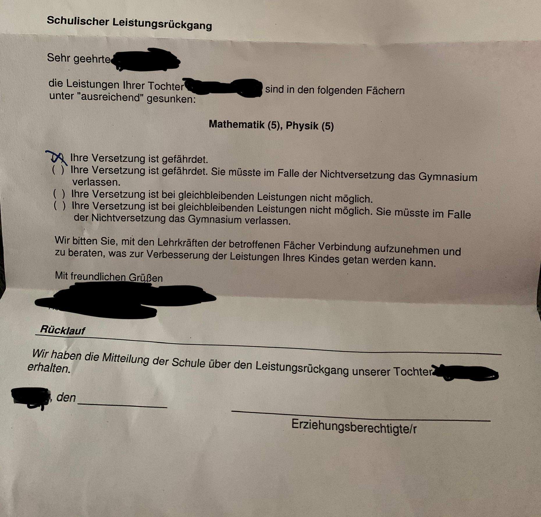 Versetzungsgefährdet Brief bekommen? (Schule, Gymnasium, traurig)