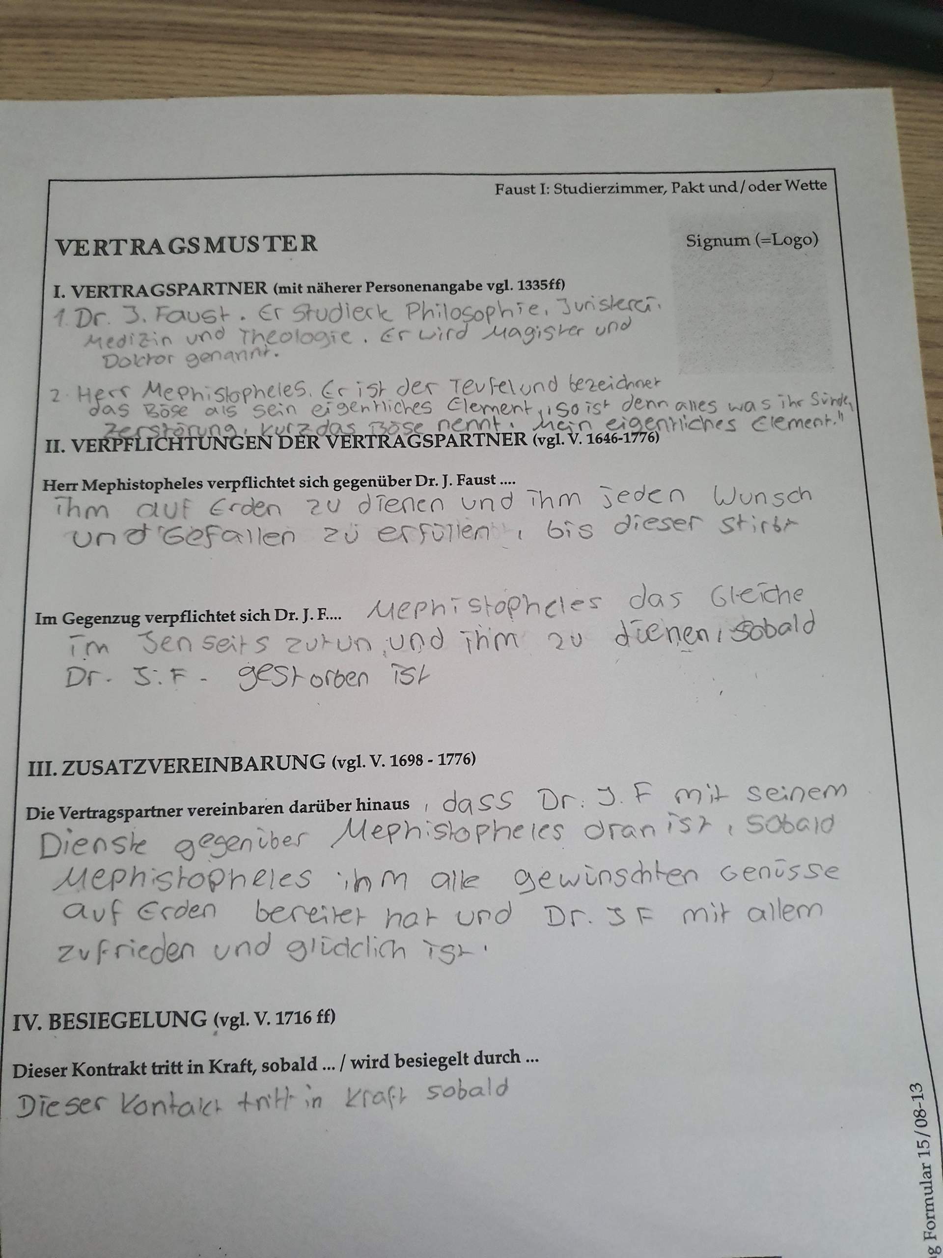 Vertrag zwischen Faust und Mephisto. Was steht bei der Besiegelung