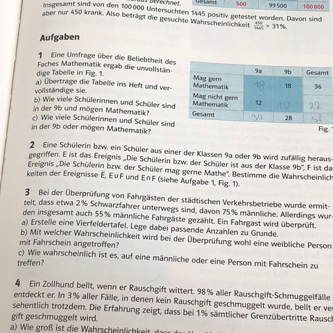 Vierfeldertafel Aufgabe Mathe Schule Wahrscheinlichkeit