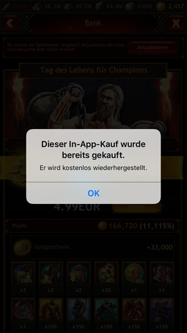 Meldung die als Antwort auf das Klicken des "Kauf-Buttons" erscheint. - (iTunes, iOS, AppStore)