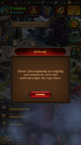 Meldung, die während des Spiels kommt, nachdem ein Kaufversuch gestartet wurde. - (iTunes, iOS, AppStore)