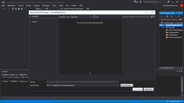 Wenn ich auf hinzufügen klicke erschenen keine Vorlagen - (Informatik, Visual Studio, QuellCode)