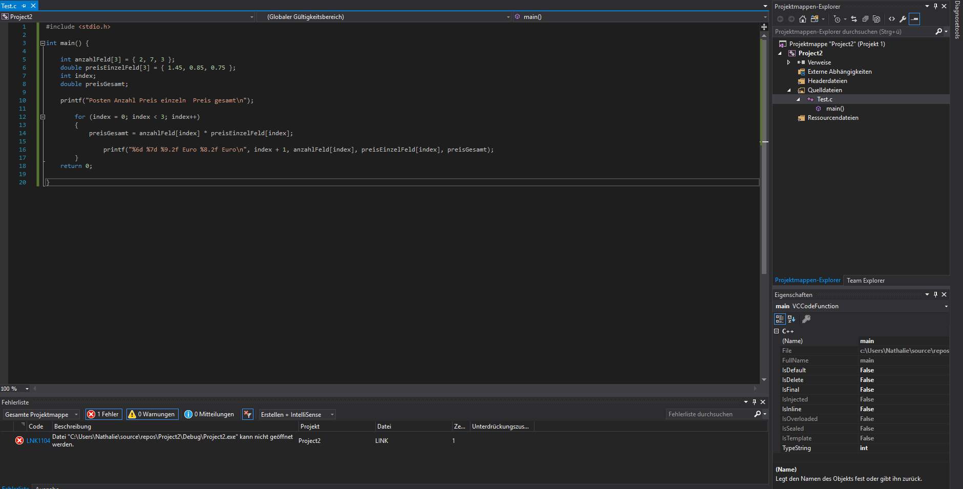 Visual Studio: Programm läuft nicht "Projekt kann nicht geöffnet werden ...