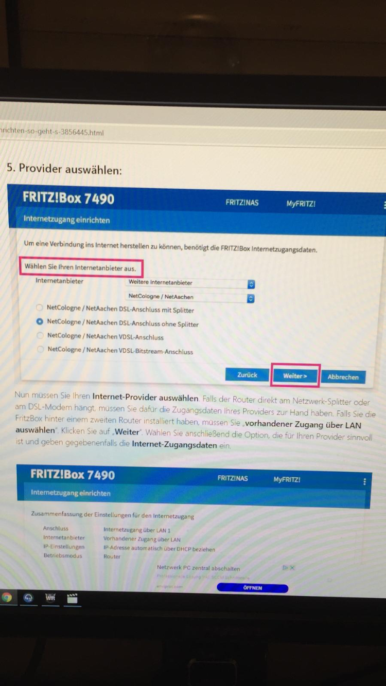 Vodafone Dsl Einrichten Muss Ich Ohne Splitter Auswahlen Also Mein Router Kabel Ist Dereckt An Der Steckdose In Der Wand Verbunden Siehe Bilder Fritz Box Einrichtung