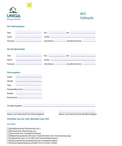 Vollmacht für Kfz - Zulassungsstellen ( UNIQA )  - (Auto, KFZ, Zulassung)