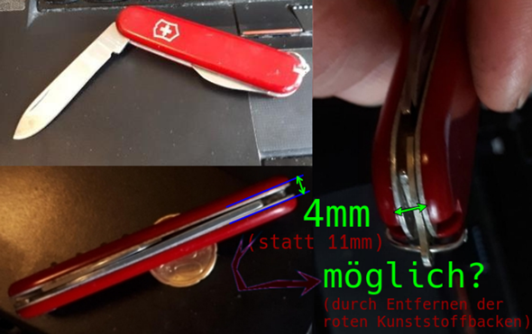 Von einem Schweizer Taschenmesser (Victorinox), können die roten Kunststoffbacken des Griffes entfernt werden? (Zweck: nur noch 1/3 so schmal! ... siehe Bild)?