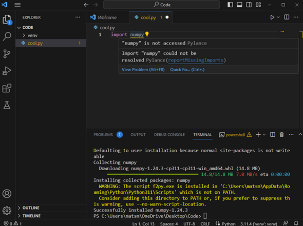VS Code Python Modul wird nicht gefunden, trotz pip install success ...