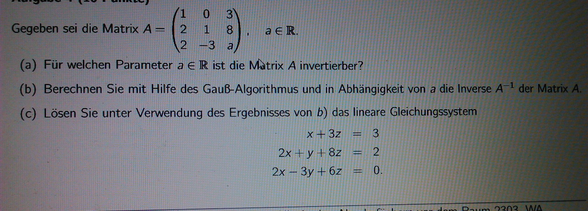 Wann ist die Matrix mit dem Parameter a invertierbar? (Mathe