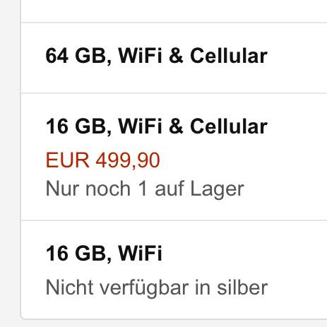 Wifi & Cellular lohnt sich bei mir nicht deswegen nur Wifi. - (Amazon, ausverkauft, iPad Air 2)