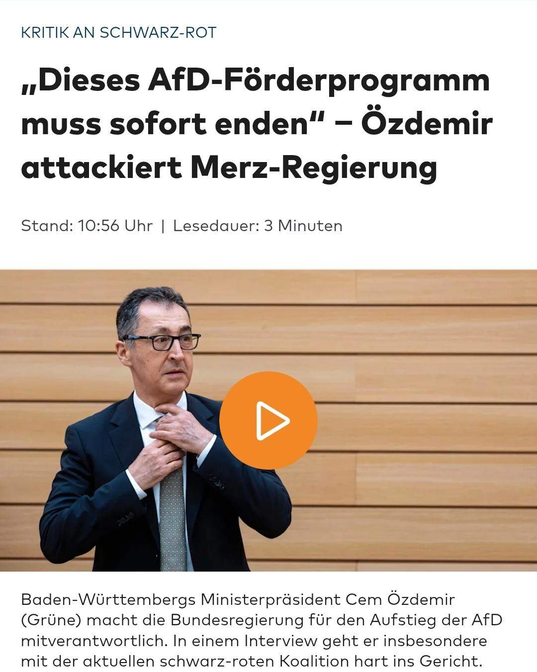 War damit zu rechnen, dass Özdemir die Merz Regierung dafür mit ...