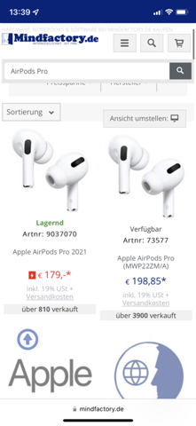 Warum gibt es bei Mindfactory zwei verschiedene Apple AirPods Pro, einmal für 179 € und einmal für 198,85 €?