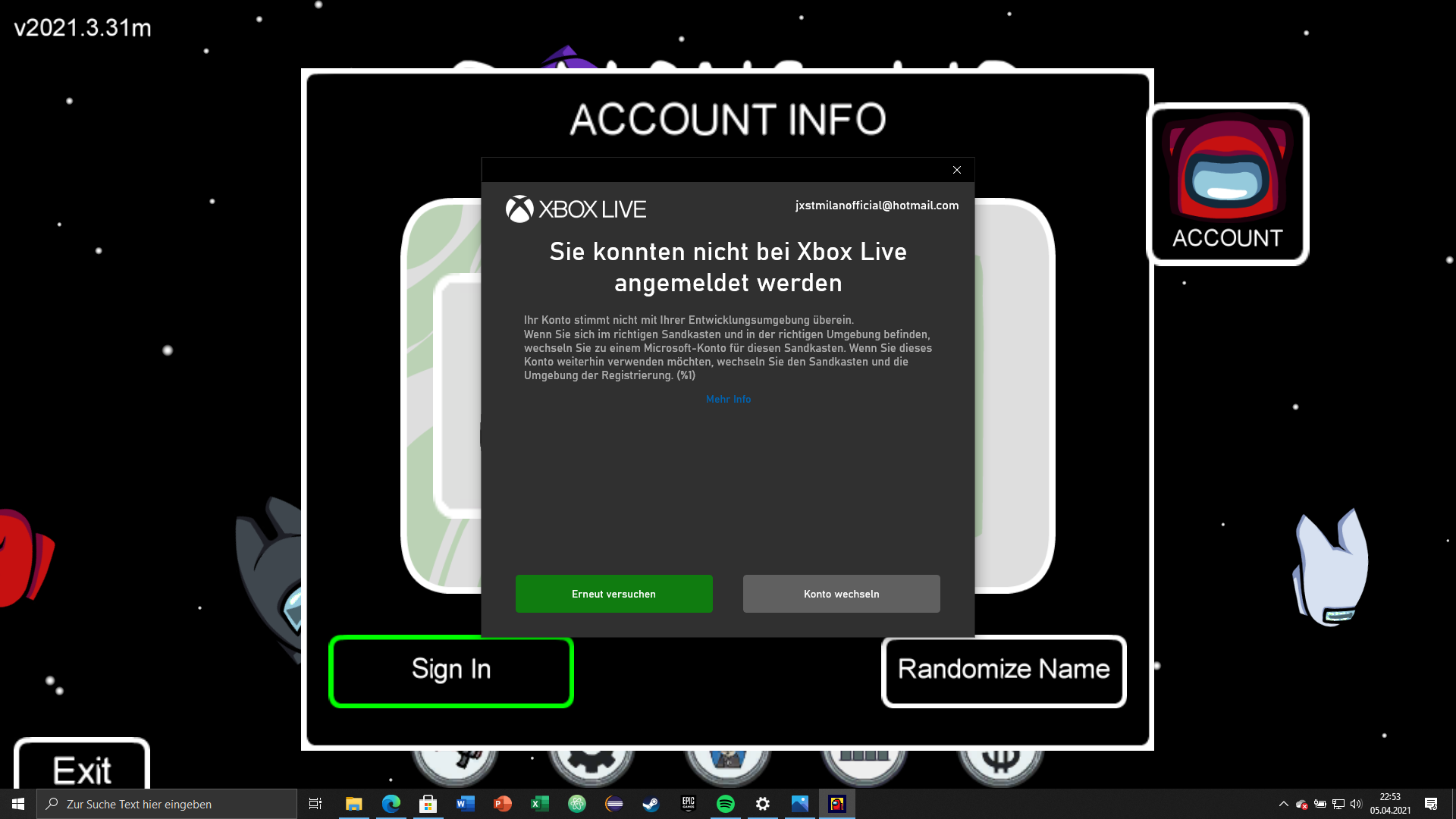 Warum kann ich mich in Among us nicht mit meinem Microsoftaccount