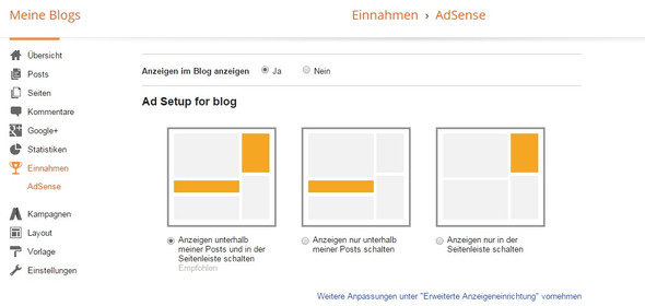 1. Hier ist zu sehen das Die Werbung im Blog aktiviert ist - (Internet, Google, Internetseite)