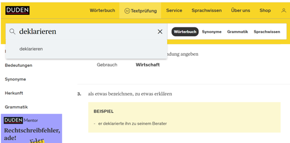 Was bedeutet beim Duden in der Wortdefinition, wenn ein Komme steht