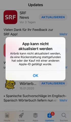 Was bedeutet diese Fehlermeldung bei den App Store Updates?