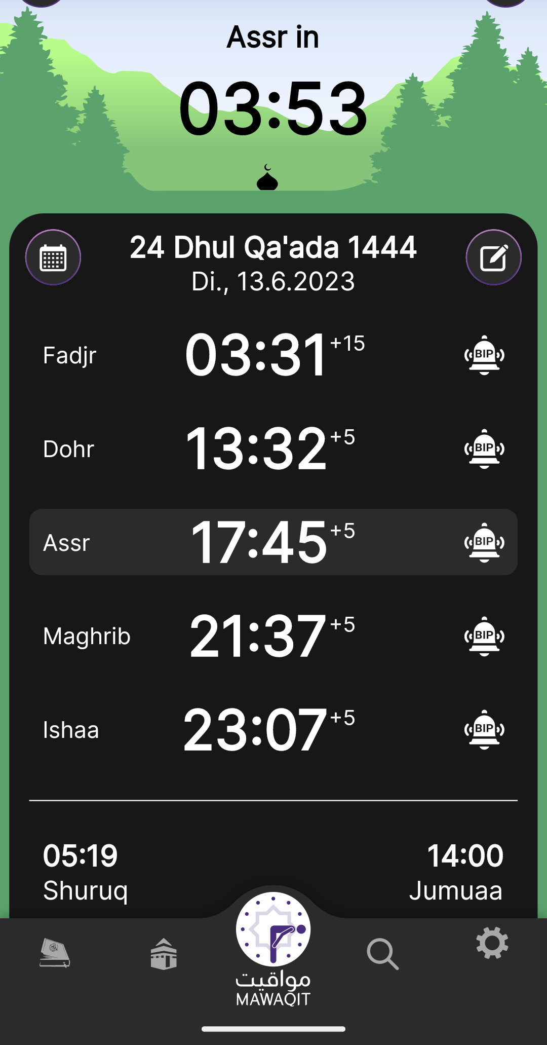 Was bedeutet dieses + und beliege Zahl nach den Gebetszeiten? (Islam