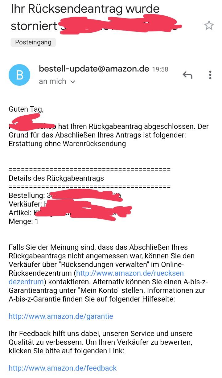 Was bedeutet "Ihr Rücksendeantrag wurde stoniert"? (Amazon, Bestellung