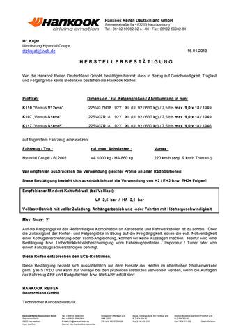 Reifenfreigabe Hankook - (Druck, Bar, Luftdruck)