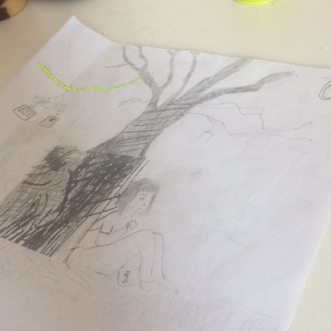 Ein Baum mit Polaroid Fotos 2 Menschen Trauer - (Schule, Kunst, Zeichnung)