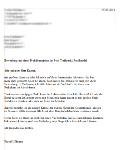 Bewerbung Schülerpraktikum