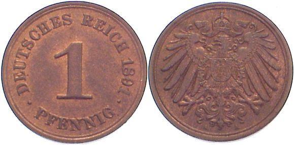 Deut. Reich 1 Pfennig 1891 A - (Wert, Münzen)