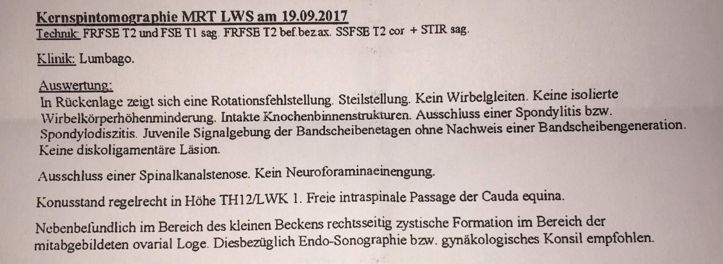 Was steht in meinem MRT Befund drinn? (Gesundheit und Medizin, Arzt, Gynäkologe)