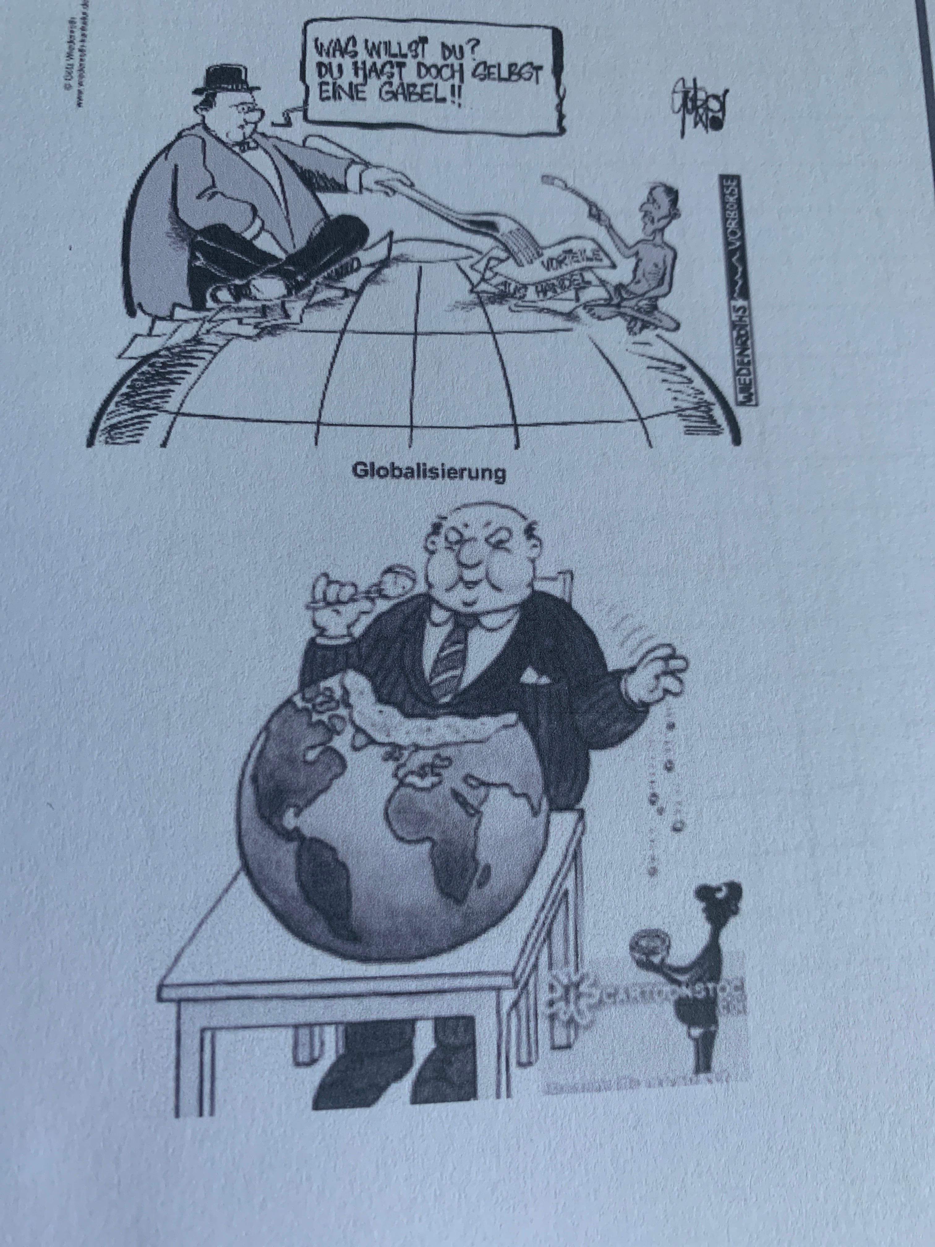 Was wird mit diesen Karikaturen ausgedrückt (Globalisierung)? (Schule