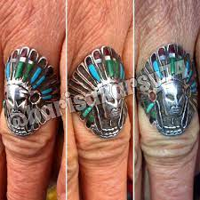 Edelstahl Ring großer Indianer Häuptling Apachen Federschmuck detailliert Silber