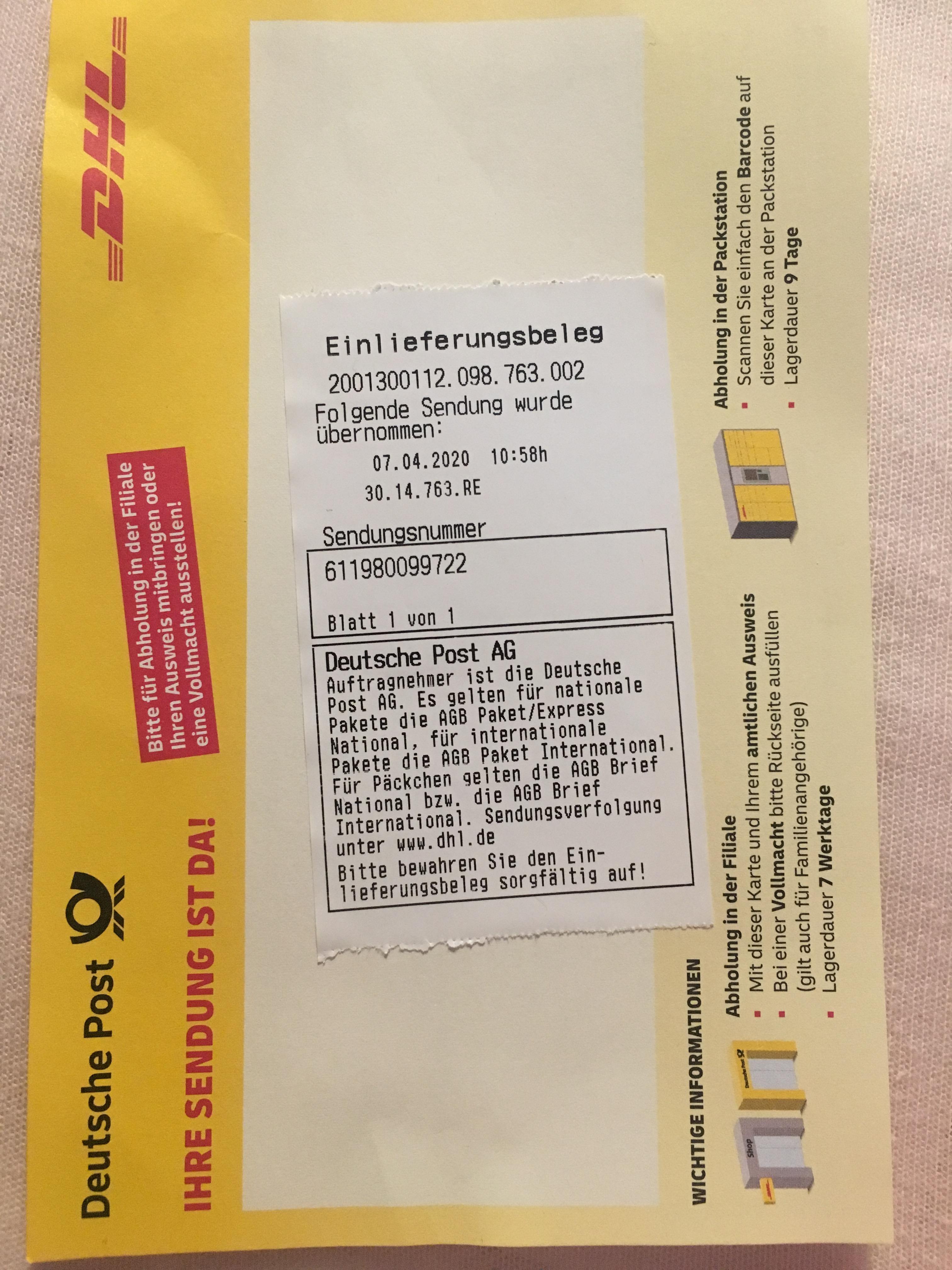 Welche Informationen kann man von dem DHL-Einlieferungsbeleg erhalten? (Sendung, DHL Paket ...