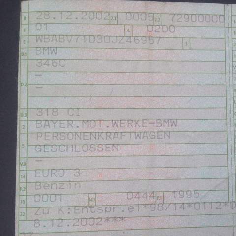 Erste Seite des Fahrzeugscheines - (Auto, Motor, BMW)