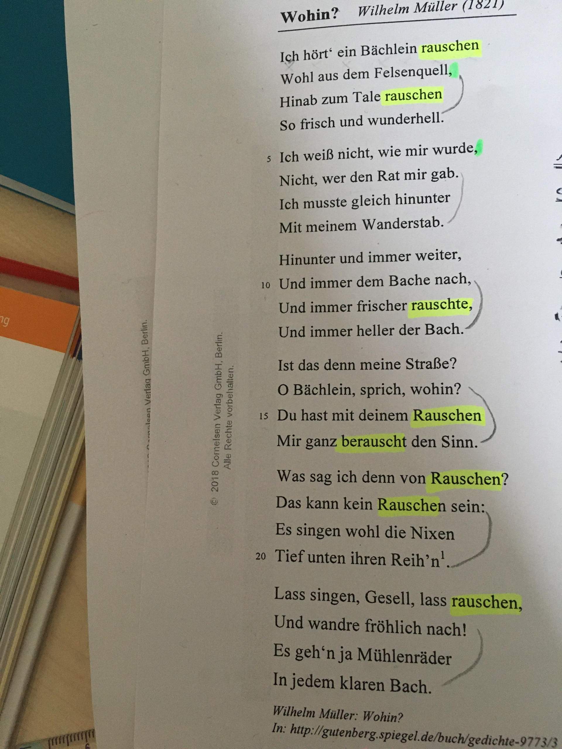 Welches Metrum hat das Gedicht ,,Wohin?‘‘ von Wilhelm Müller? (Schule ...