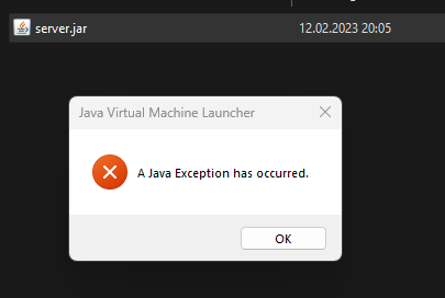 Wenn ich die .jar Datei von einem Minecraft server öffnen will kommt a java exception has occured woran liegt das?