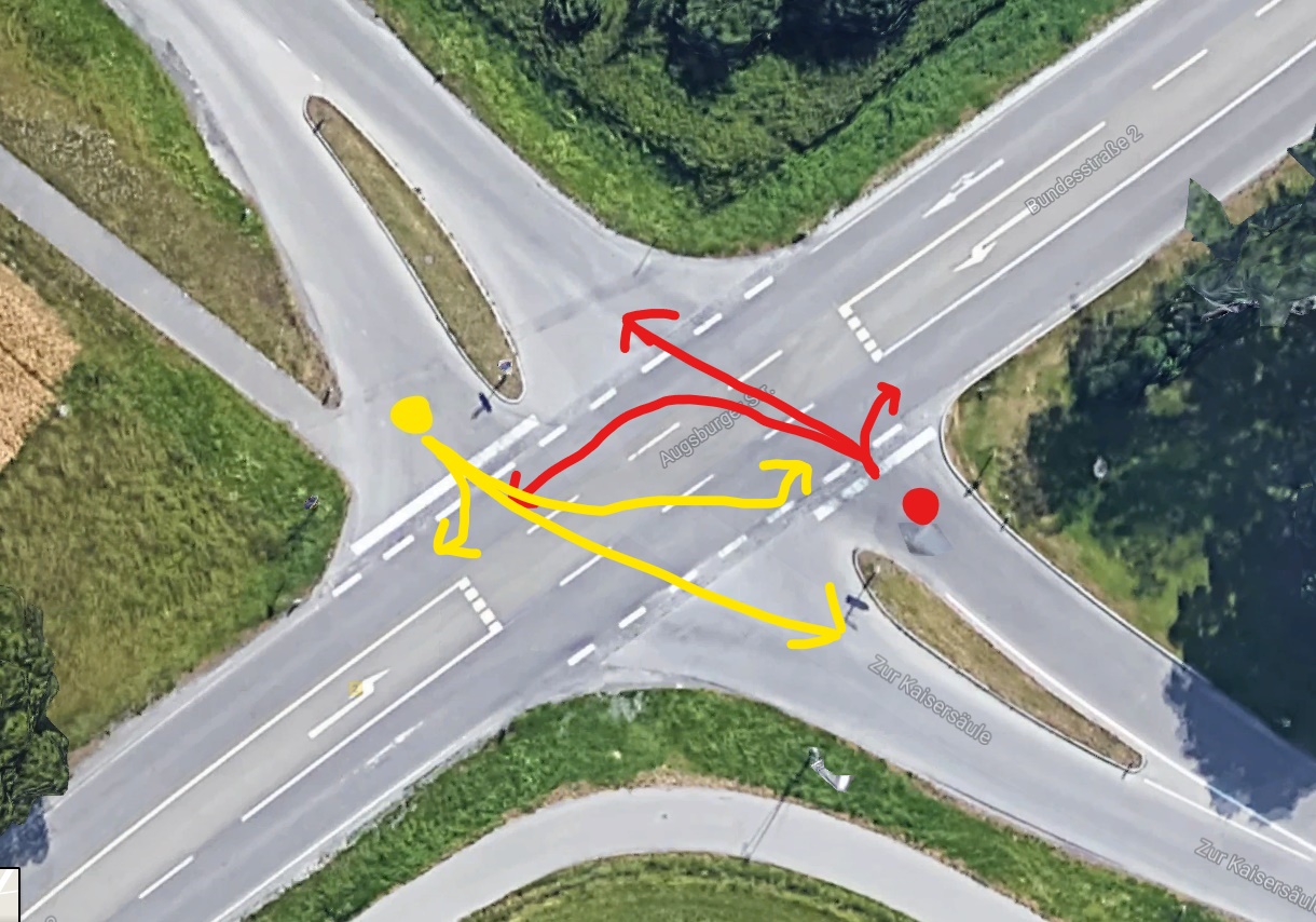 Wer hat bei dieser komischen Kreuzung Vorfahrt? (Auto und Motorrad)