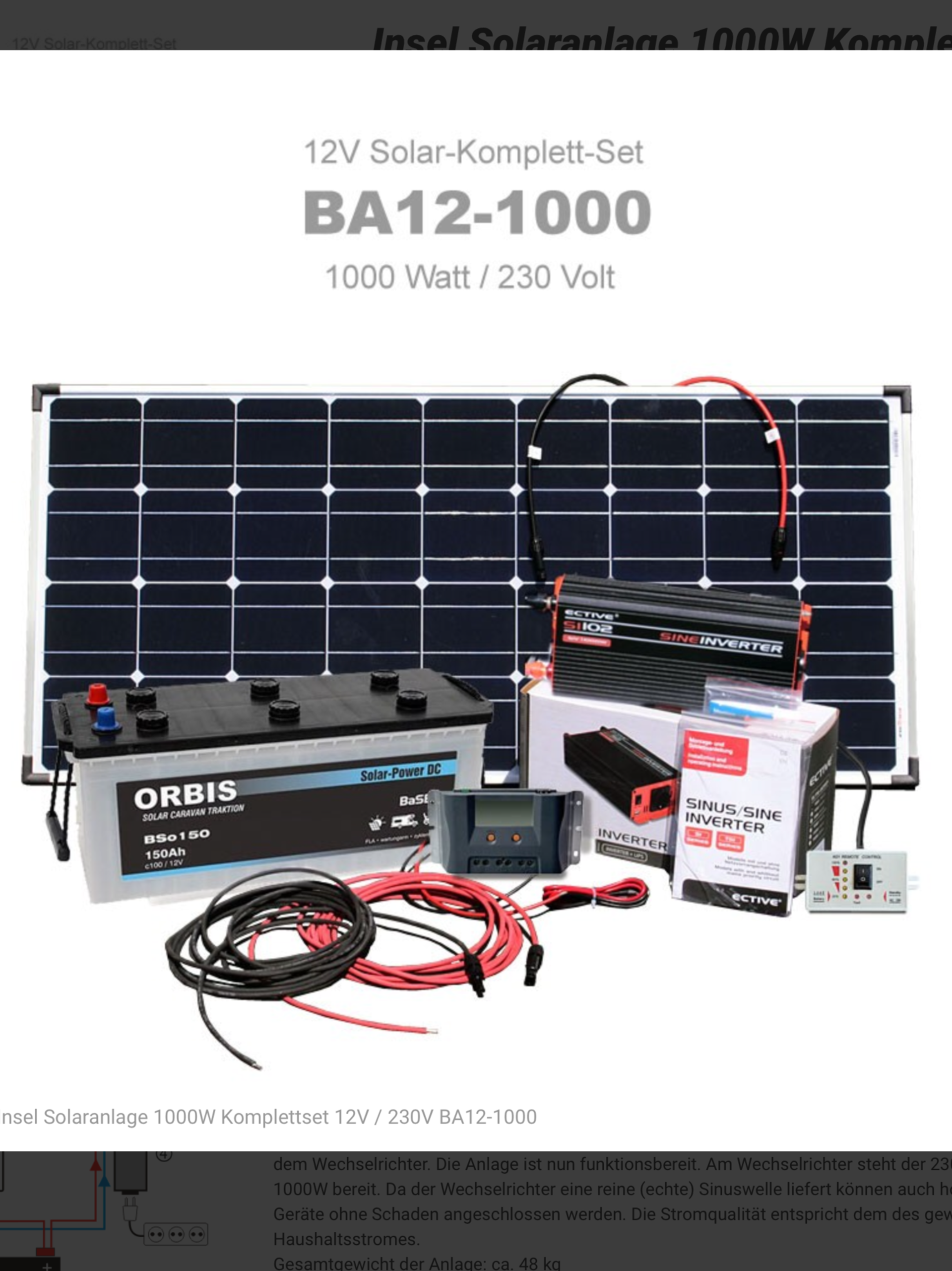 Wer hat Erfahrungen mit einer Insel Solaranlage (Insel Solaranlage 1000W  Komplettset Plug & Play 12V / 230V BA12-1000 der Fa. BaSBa)für's Wohnmobil?  (Technik, Technologie)