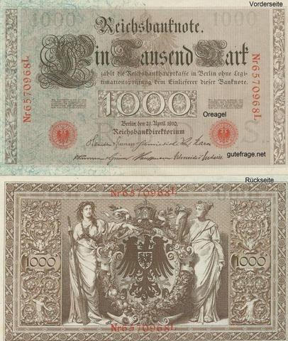 Reichsbanknote 1000 Reichsmark - (Geld, Bank, Banknoten)